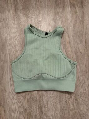 High-Neck Ribbed Sports Bra in Sage Green